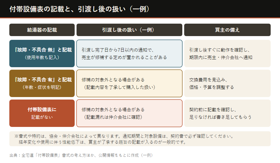 付帯設備表の記載と引渡し後の扱いの一例